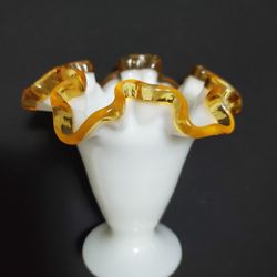 Fenton Vintage Amber Gold Crimped Ruffle Vase