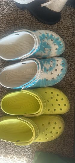 Used crocs neon green and tie dye
