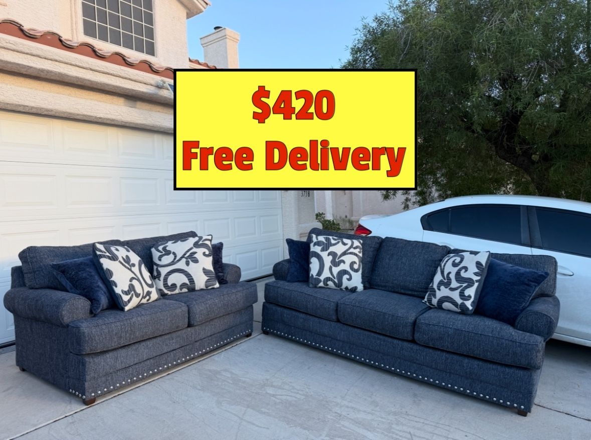 Blue Sofa and Loveseat Couch Set With Free Delivery