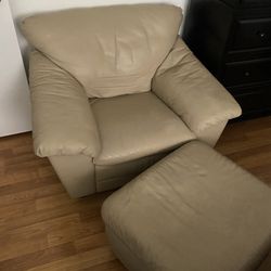 Plush Leather Chair With Ottoman. 