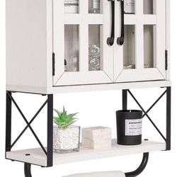 Farmhouse MediciCabinet with Cross Glass Doors, Wood Wall Storage Cabinet, 3-Tier Rustic Bathroom Cabinet with Adjustable Shelves and Towel Bar for