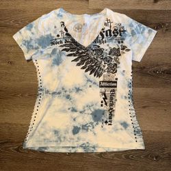 Affliction White Blue Tie Dye Graphic Shirt Size M 