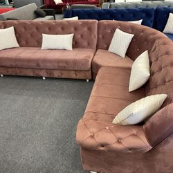 New In The Box 📦 Pink Velvet Living Room Sectional Sleeper - Delivery And Financing Available 