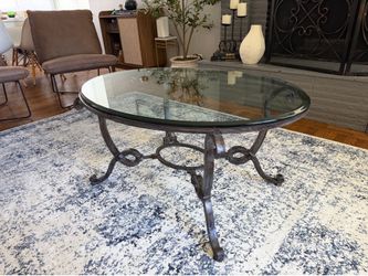 Vintage French Style Wrought Iron and Glass Oval Coffee Table