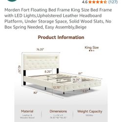 Brand New Morden Fort Floating Bed Frame King Size Bed Frame with LED Lights,Upholstered Leather Headboard Platform, Under Storage Space, Solid Wood 