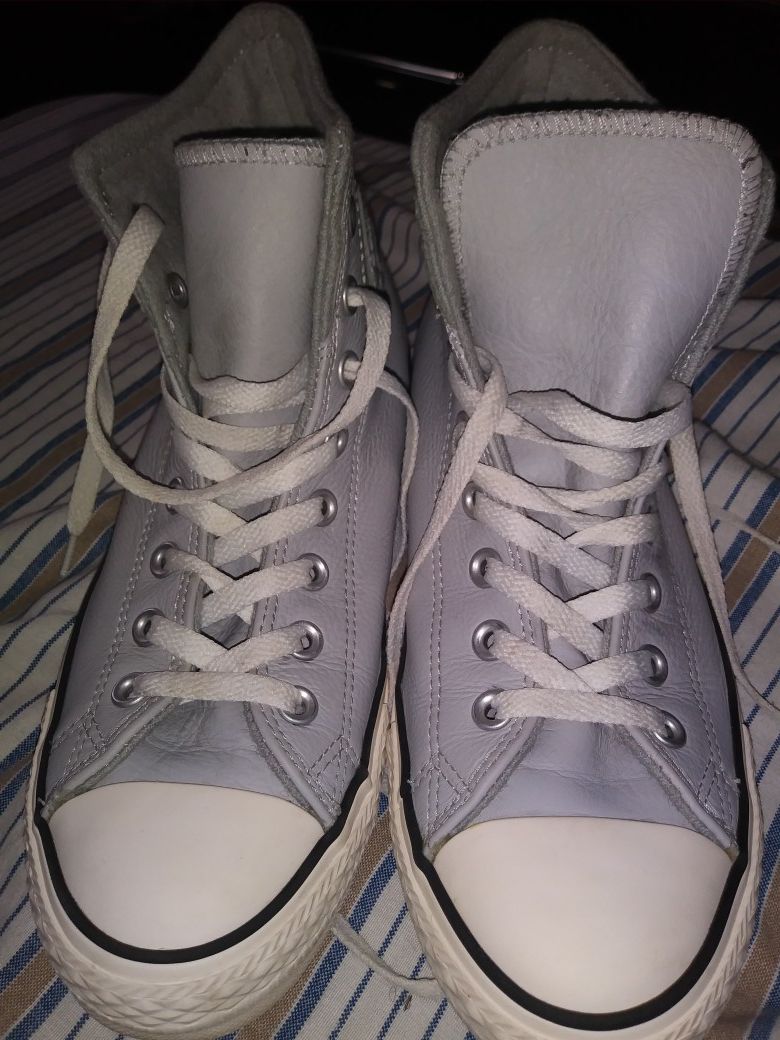 Grey Leather Converse high tops. Size 8 mens 10 womens. Great condition. Rarely worn.