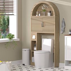 223 Over The Toilet Storage Cabinet, Freestanding Bathroom Organizer with Adjustable Shelf and Anti-Tip Device, Arched Cabinet with Doors, Space-Savin
