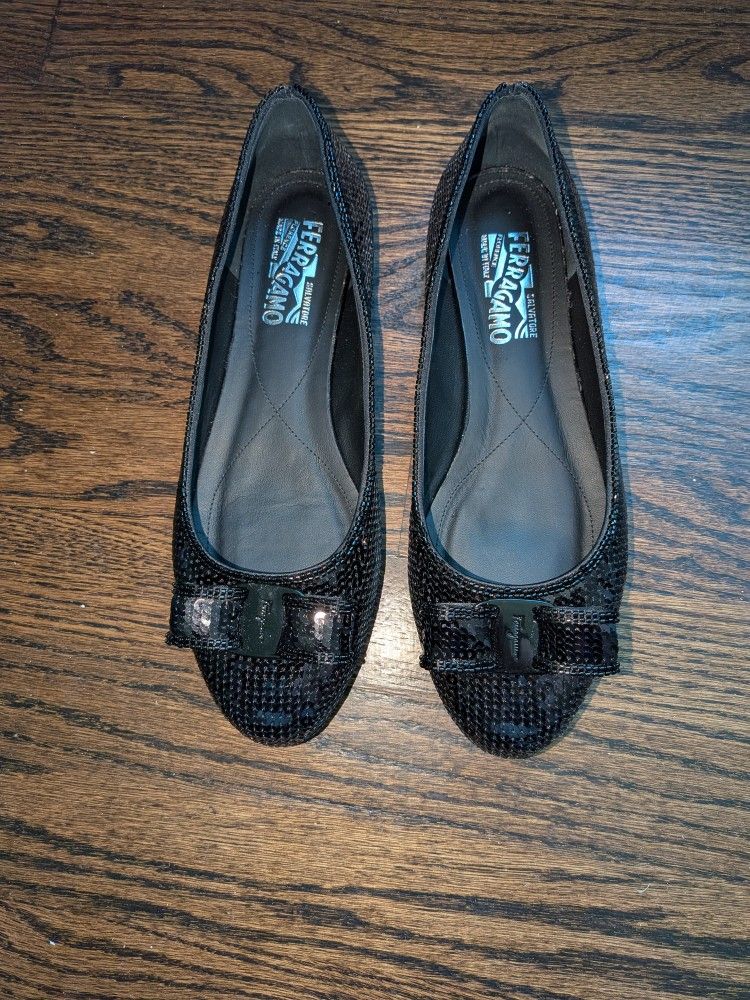 New $750 Salvatore Ferragamo Varina Sequin Leather Ballet Flats 9.5