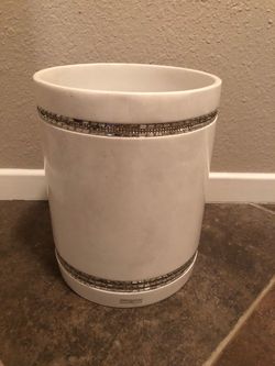 White Decorative Wastebasket with Silver Mosaic Trim