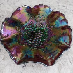 Vintage Carnival Glass Shallow Bowl. Purple Tones Grapes. Fluted Scalloped Edge. 8 In Diameter. Must Pick Up. Deer Valley 67th Avenue