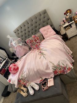 Quinceañera Dress Pink With Mexican Style Embroidered Flowers