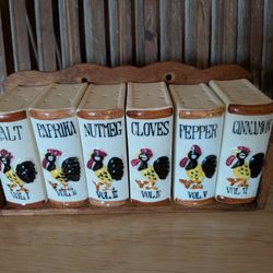 VINTAGE CERAMIC MCM SPICE RACK ROOSTER THEME JAPAN WITH CORKS