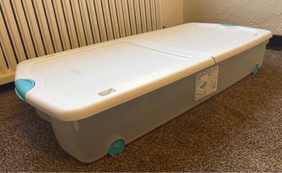 Sterilite 66-Quart Wheeled Under-Bed Storage Box with Latching Lid — p/u Castle Shannon  Large Sterilite 66-quart under-bed storage box with wheels an