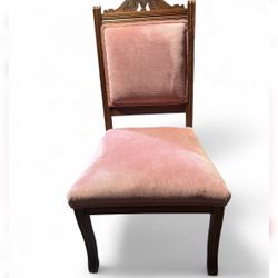 ANTIQUE CARVED WOOD PINK VELVET UPHOLSTERED ACCENT CHAIR 35 1/2 X 17” WIDE BEAUT