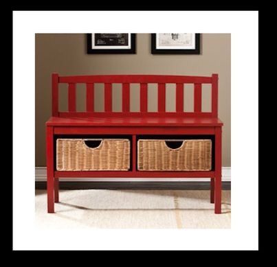 NEW Southern Enterprises RED Bench with Rattan Storage Baskets