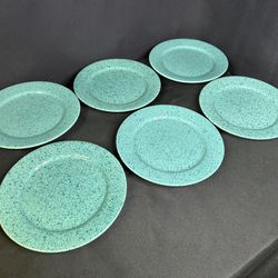 (6) Stoneware Japan Speckled Granite Turquoise Blue/Green Rimmed Salad Plates