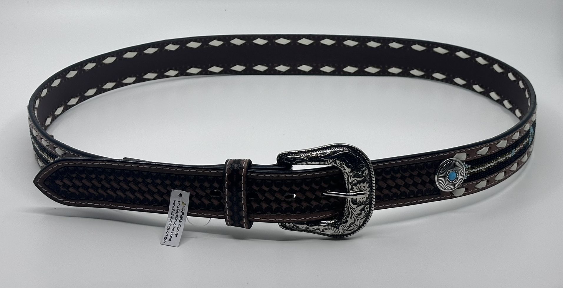 MEN'S BEADED BLACK AND TURQUOISE LEATHER BELT A1040708