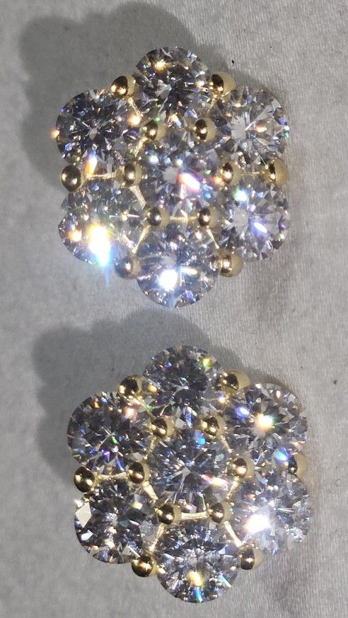 Gold Over 925 Sterling Silver Flower Earrings With Genuine Moissanite 7 Carats Pair 3.5 Carats Each