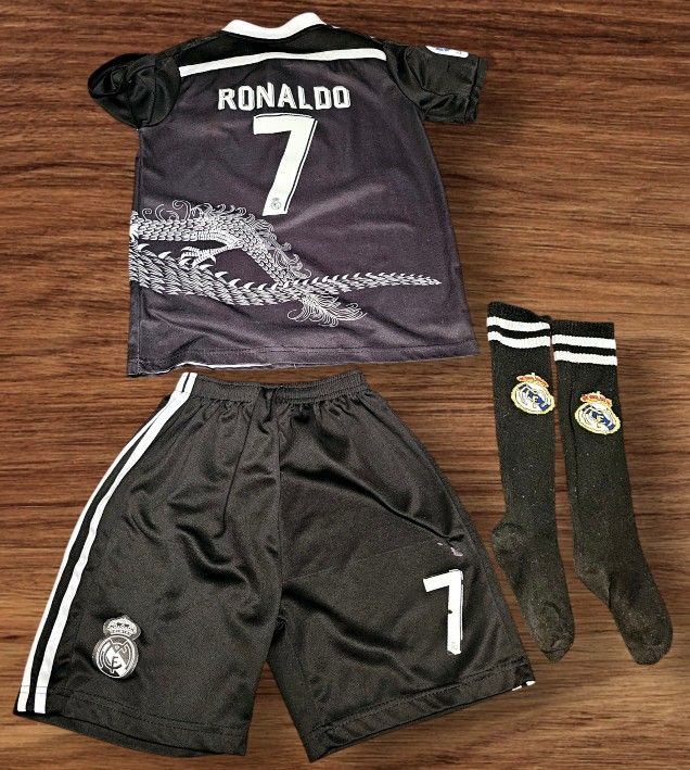 LeenBD Used Ronaldo No #7 Madrid Black Dragoon M Kids Soccer Jersey Kit Shorts Socks Set Youth Size