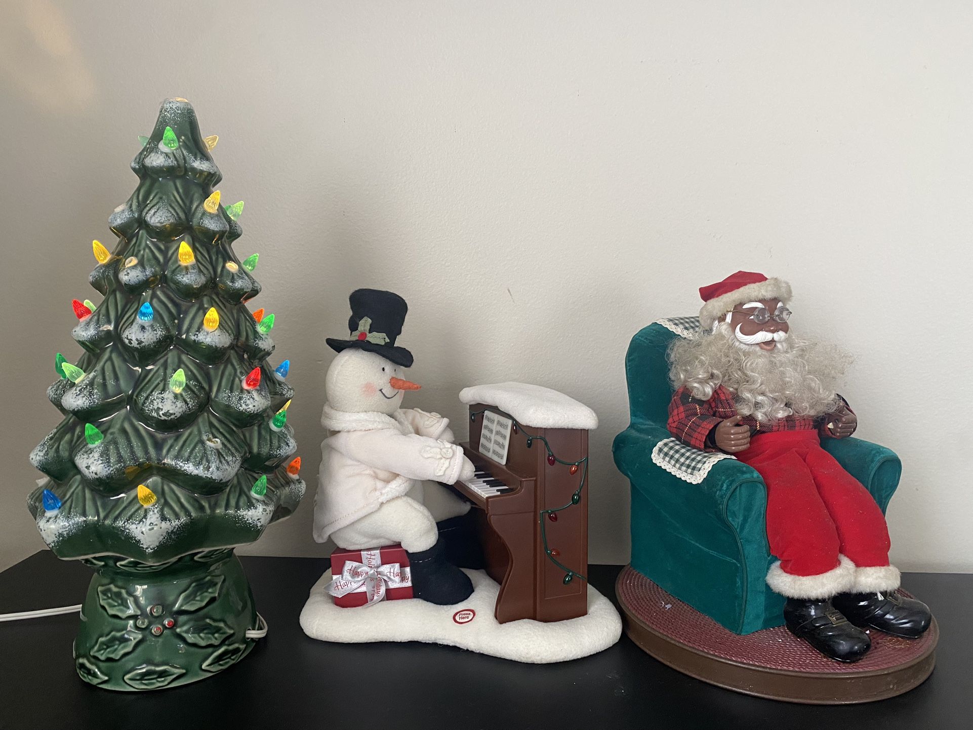 Vintage Christmas Decorations . Ceramic Christmas Tree, Snowman, Santa.