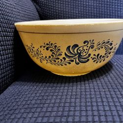 Vtg PYREX Glass Ovenware Bowl #403  2.5qt  Tan Blue Made USA