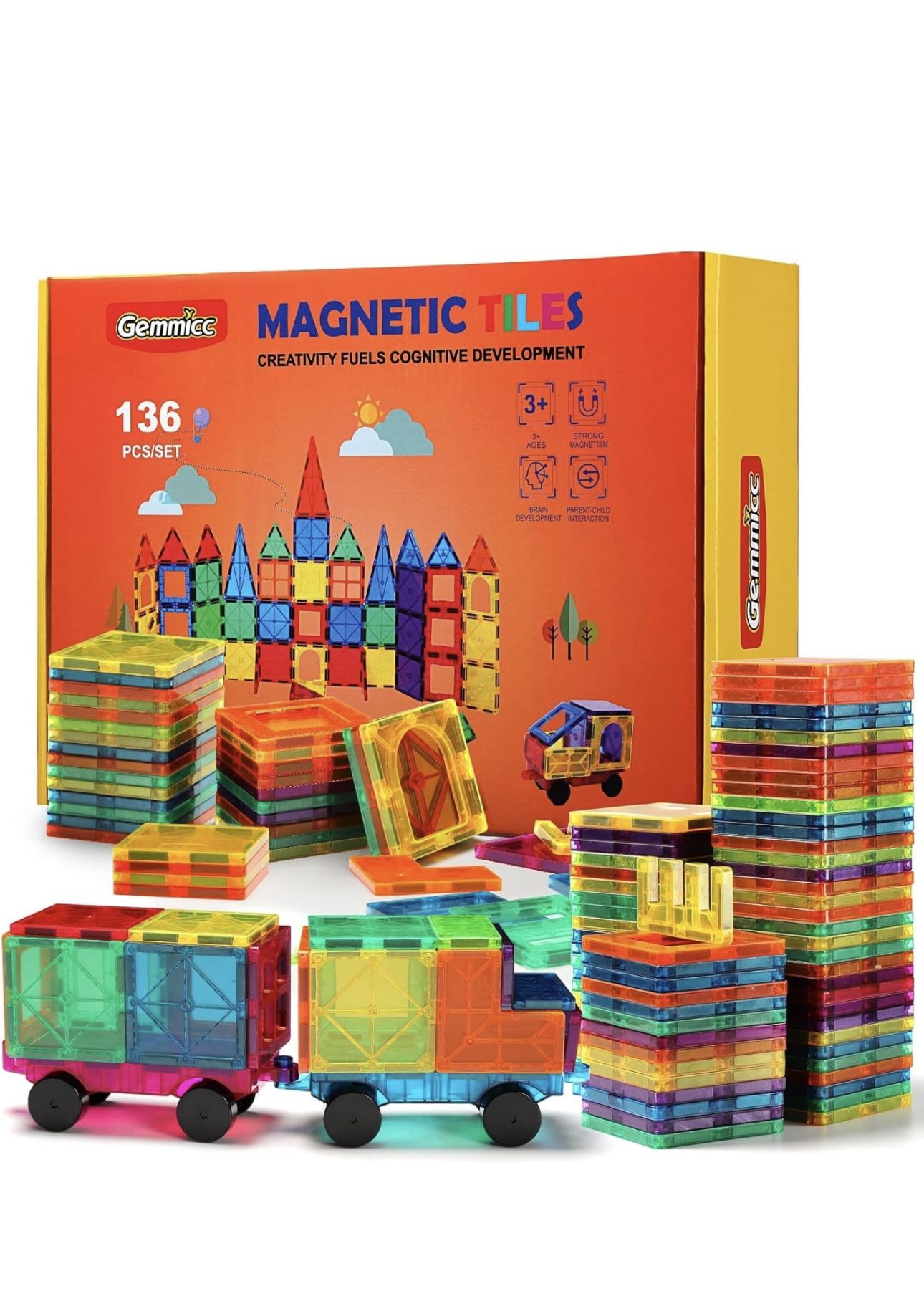 Gemmicc Magnetic Tiles, Deluxe 136 PCS Building Blocks Magnet Toys