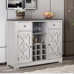 New assembled 42 Inch Wine Cabinet with Two Doors & Drawers, Open Glass & Wine Rack, Smooth Countertop, Storage Shelves Kitchen Coffee Bar Buffet Side