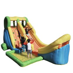 New In Box Splash into summer with the Inflatable Half Pipe water slide by Sportspower! Kids can try to score a basketball shot as they slide down the