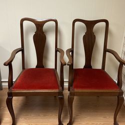 Pair of Vintage Queen Anne–Style Armchairs w/Red Velvet-Style Upholstering