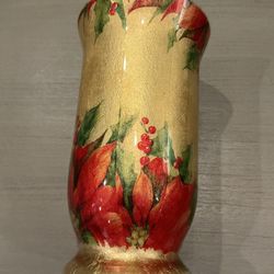 Glass and Decoupage Poinsettia Holly Flower Vase 9.5" Gold Green Red