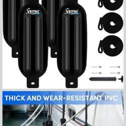 6.5 x 23 Inch Twin Eyes Ribbed Boat Fenders Bumpers Pack of 4 with Lines and Pump to Inflate 