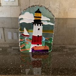 Glass Lighthouse Tealight Candle Holder Hand Painted