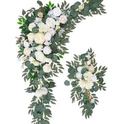 Two Garlands With Artificial White Roses Peonies and Eucalyptus, Wedding Ceremony Faux Flower Arrangements