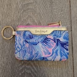 Lily Pulitzer Id Keychain Wallet Zip Close Blue Cotal Design