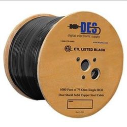 DES 75 OHM Single RG6 Dual Shield Copper Clad Steel Cable Black, 1000ft.