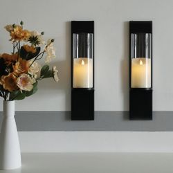 NIKKAPOETRY Metal and Glass Candle Sconces Set of 2 - Wall Candle Holder for Living Room Bedroom Dining Room Decorations, Black