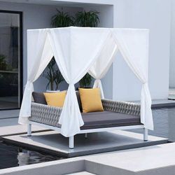 Homary White Aluminum & Gray Woven Rope 2-Person Outdoor Patio Daybed With Canopy Curtains