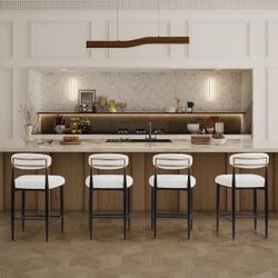 Counter Height Bar Stools Set of 4, Modern Upholstered Counter Stools with Black Metal Legs, Boucle Island Chairs for Kitchen, Dining Room and Bar