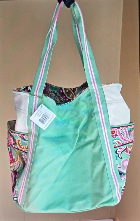 NEW Vera Bradley Large Color Block TOTE BAG - Mint Green Paisley & Deep Orange 