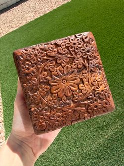 Hand-Carved Wooden Floral Trinket Box – Red Velvet Lining