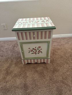 Vintage Floral Painted Wood Nightstand with Drawer and Cabinet