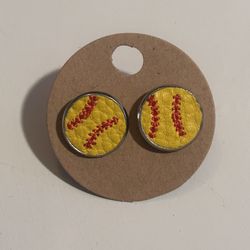 New Softball stud earrings sports faux leather metal gift her handmade baseball