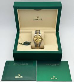 1987 Rolex Datejust 16013 36mm stainless steel jubilee bracelet factory yellow Buckley dial black hands gold fluted bezel watch box appraisal