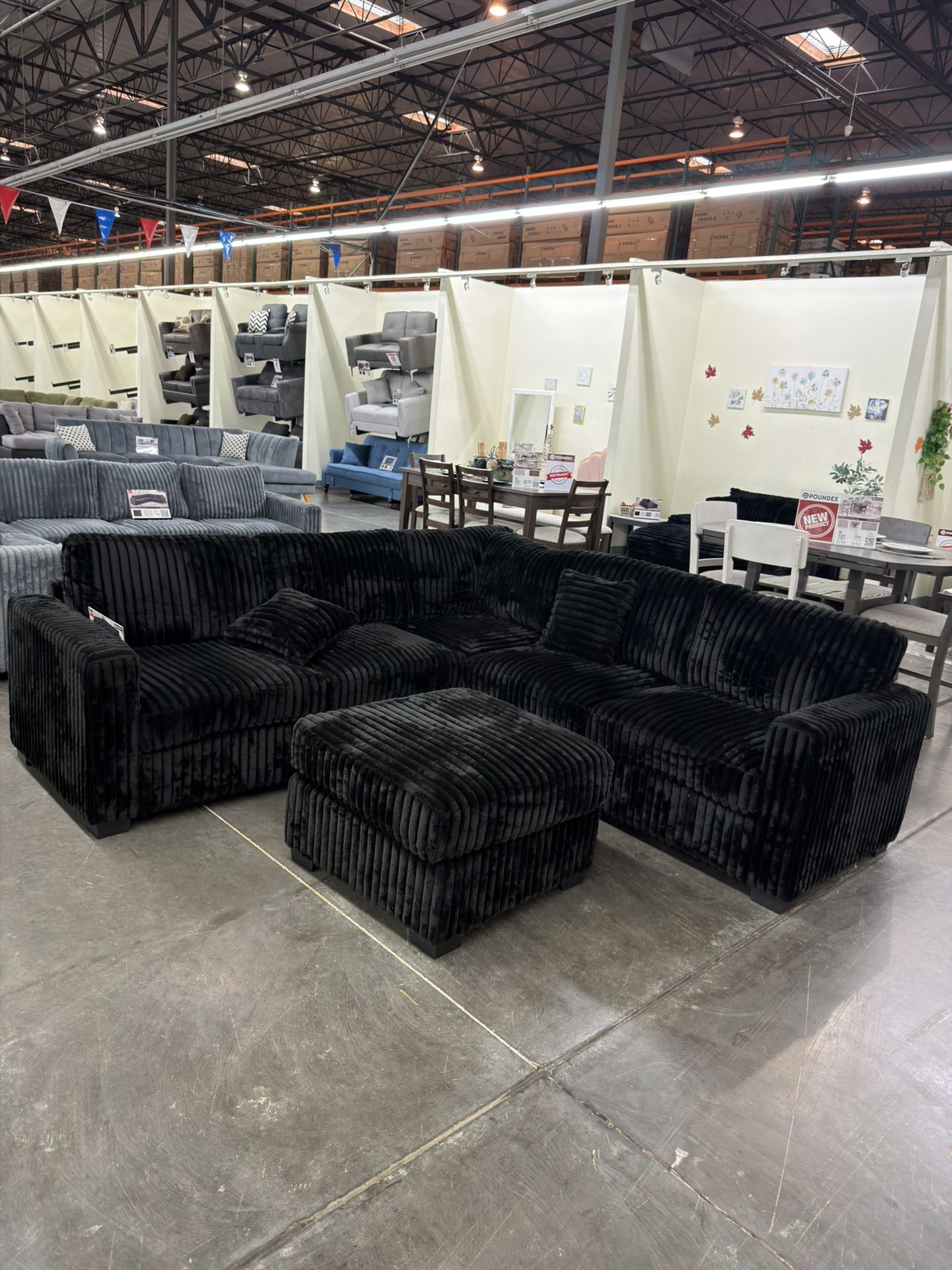 BRAND NEW BLACK THICK FLUFFY CORDUROY SECTIONAL SOFA COUCH WITH OTTOMAN (NEW IN BOXES)