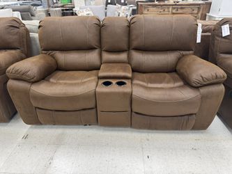 Dual Gliding Reclining Love With Console & Leather Look Fabric