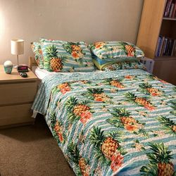 Ikea Full-size Bed With Mattress. Side Table and Book Shelf