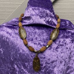 Vintage Bronzite, Black Agate, and Wooden Bead Necklace 