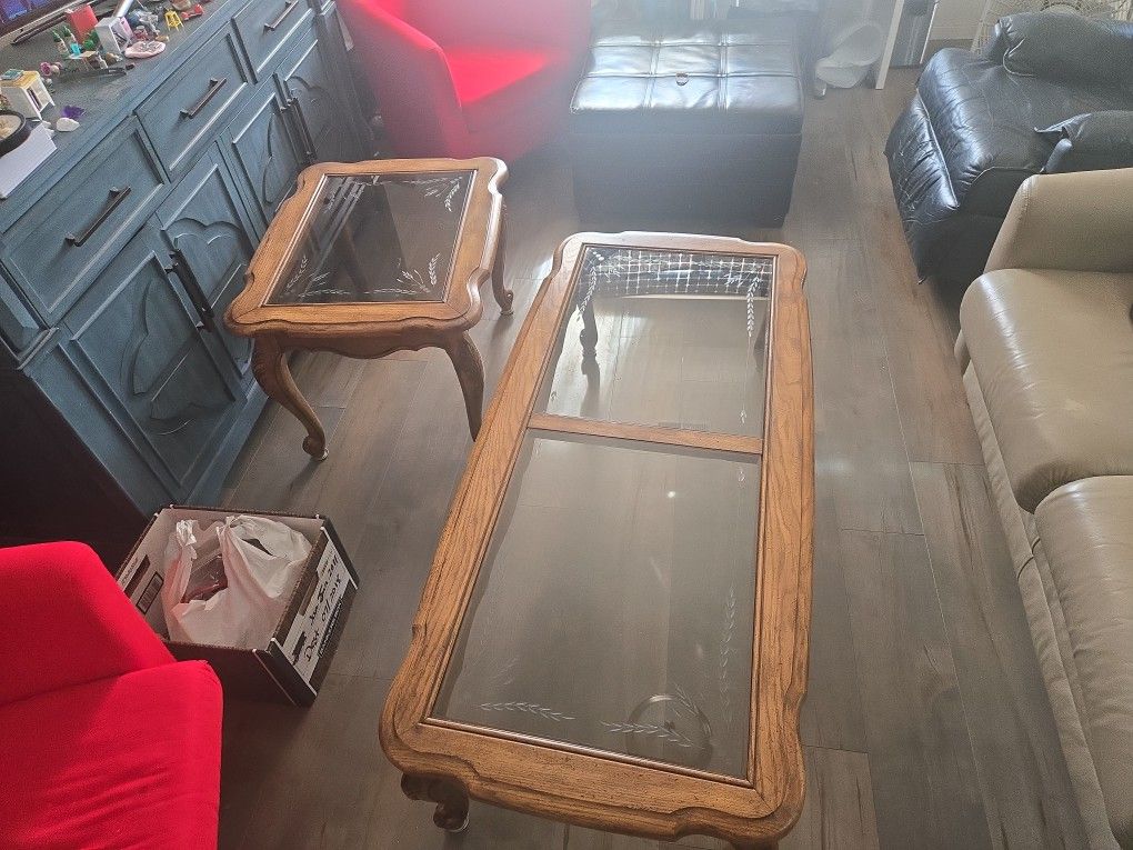 Gorgeous Hardwood Etched Glass Set Coffee Table, End Table Pair