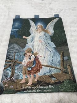 Vintage Guardian Angel Tapestry – Christian Wall Hanging (36” x 26”)