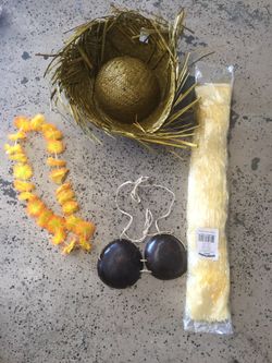 Women’s Hawaiian outfit, coconut bra, hat, grass skirt and lei